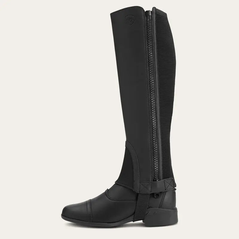 Black full-grain leather ariat scout half chaps with zipper side and elastic panels for a snug fit