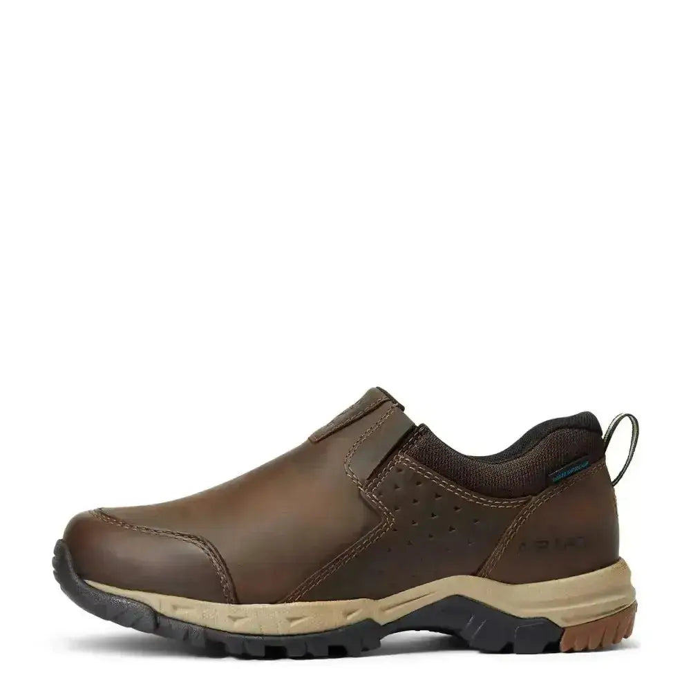 Brown leather ariat skyline slip on h20 waterproof women shoe with tan midsole, black outsole, and side perforations