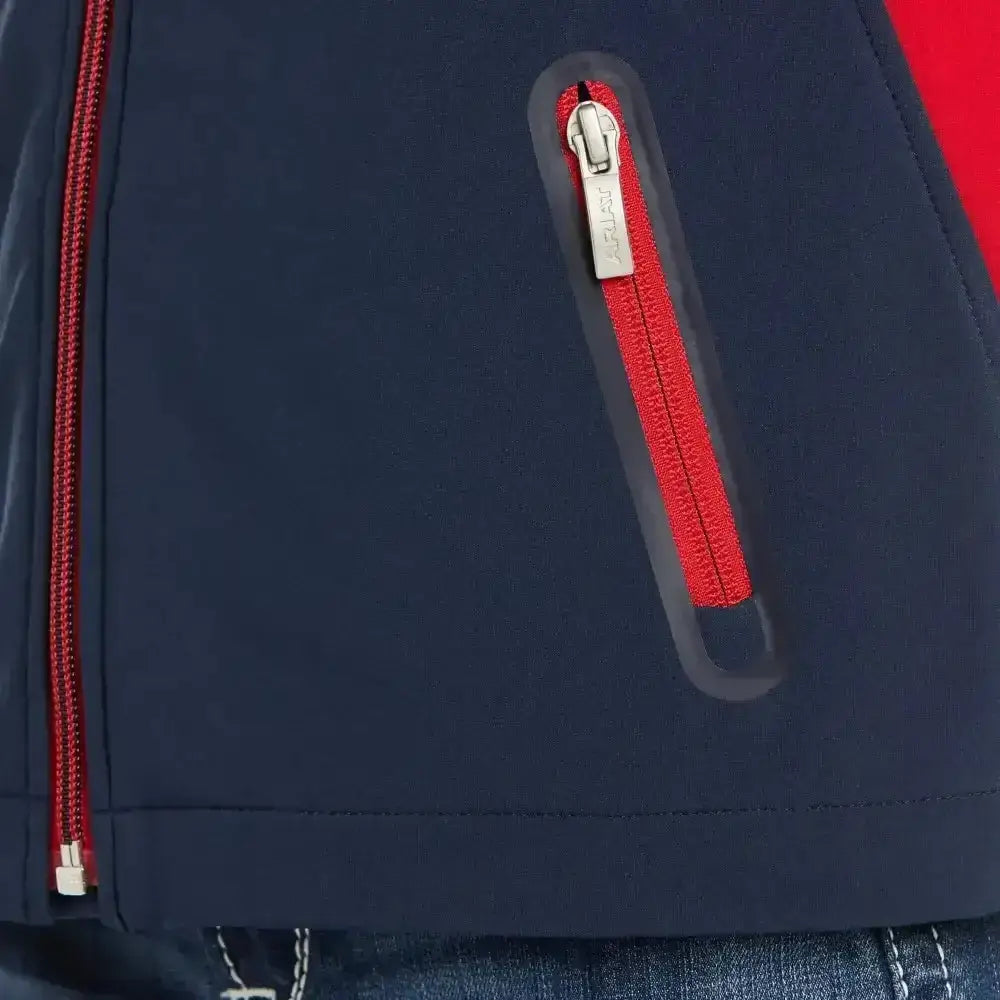 Navy blue ariat softshell jacket for kids with red zipper pull and colour block design perfect for active wear