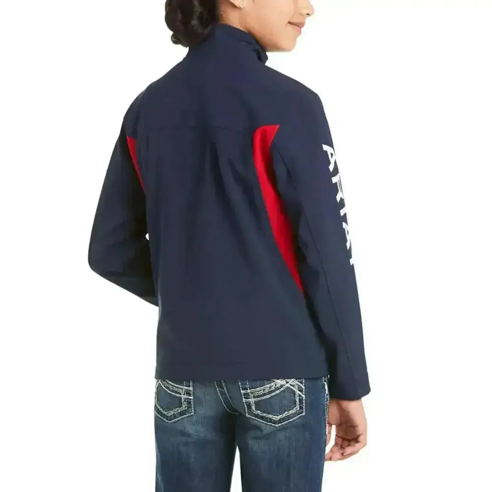 Navy blue and red ariat softshell jackets kids with white logo on sleeve in colour block design for active wear