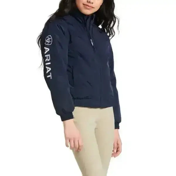 Navy blue ariat stable coats waterproof blouson riding jacket for kids with white logo on sleeve