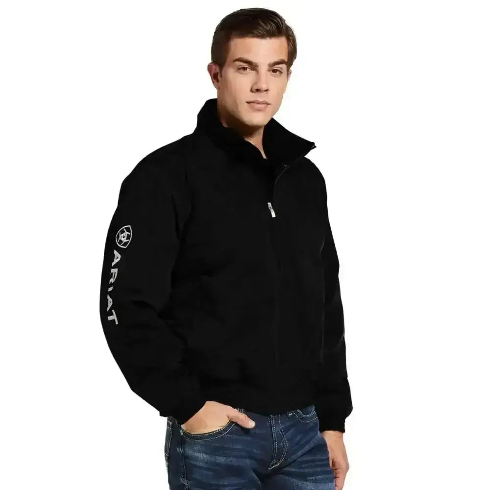 Black ariat stable jacket men quarter-zip fleece insulated stable jacket with white logo on left sleeve