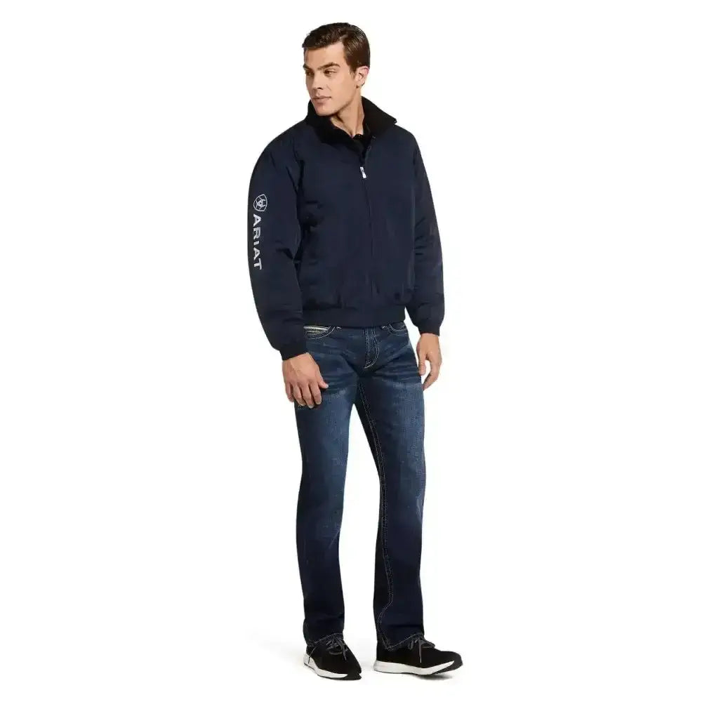 Navy blue ariat stable jacket with black collar and white logo on sleeve insulated stable jacket blouson for men