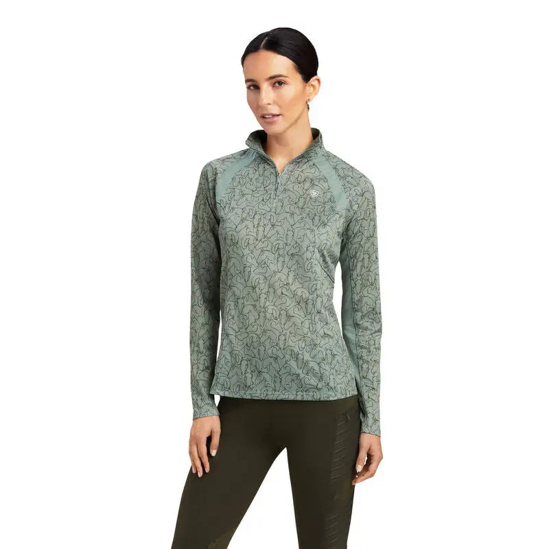 Ariat sunstoppers womens quarter-zip top in muted sage with black line-art pattern features heat series technology and moisture movement fabric
