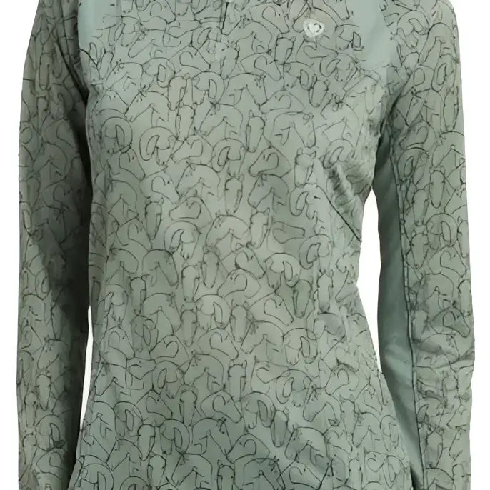 Ariat Sunstoppers sage green long sleeve base layer with outlined horses made of moisture movement fabric