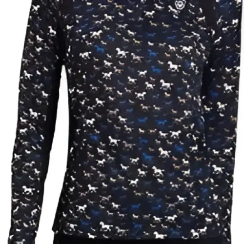 Ariats blue long sleeve sunstoppers base layer with horse print black trim featuring heat series technology and moisture movement fabric