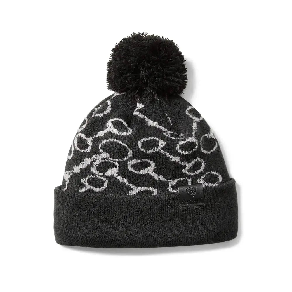 Black ariat tarisia beanie with white horsebit pattern and black pom pom contrast cuff beanie winter hat