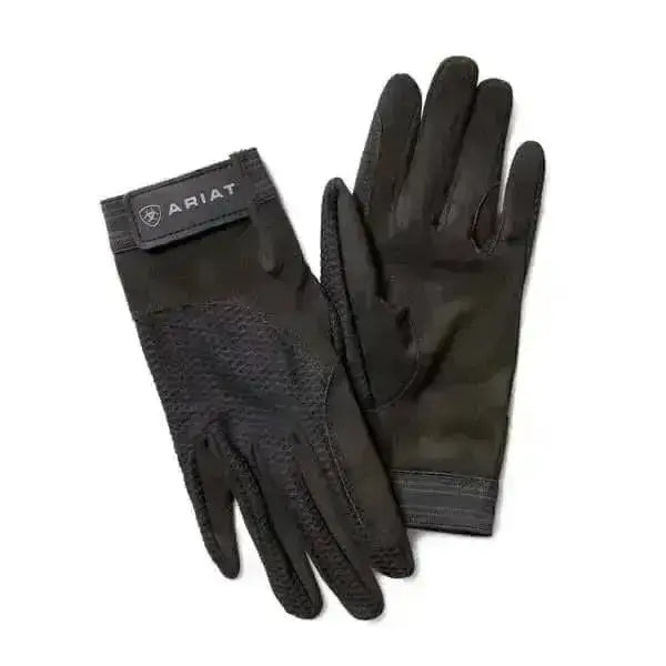 Black ariat tek air summer riding gloves with textured palm and reinforced fingers for superior grip and comfort