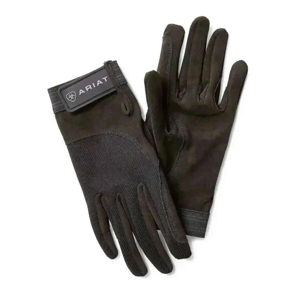 Black ariat tek grip riding gloves with textured fabric and reinforced stitching show the back side of the gloves