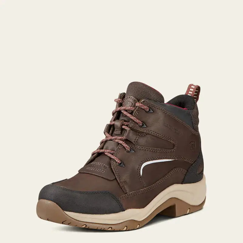 Ariar telluride ii h20 dark brown hiking boot with full-grain leather upper maroon laces white stripe and beige midsole