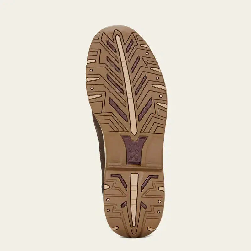 Brown rubber sole of ariat telluride ii h20 laced dark brown boot with geometric tread and small heel logo