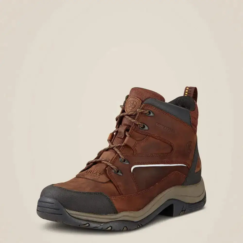 Brown leather and synthetic ariat telluride h20 laced riding boot with black toe cap and full-grain leather upper