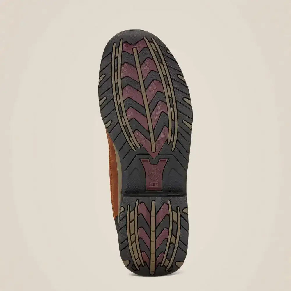 The sole of ariat telluride h20 laced riding trainers in copper with black and purple tread on full-grain leather upper