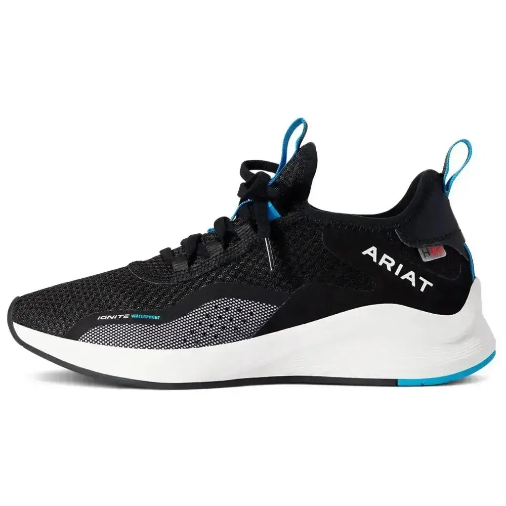 Black ariat wms ignite waterproof trainers with mesh upper white midsole and teal accents on laces heel tab and outsole edge