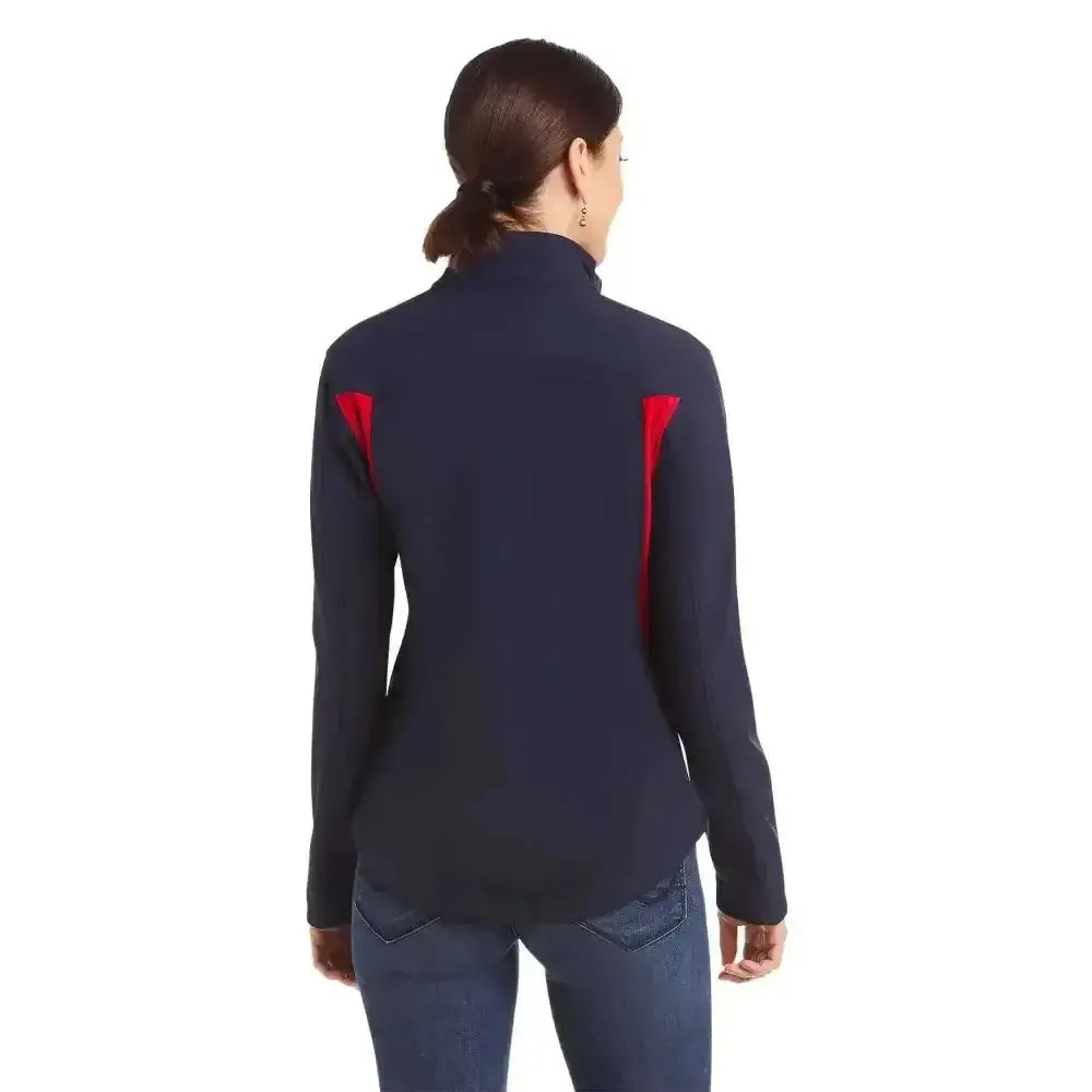Ariat womans team softshell jacket with fierce colourblock styling in navy blue and red with high collar and long sleeves