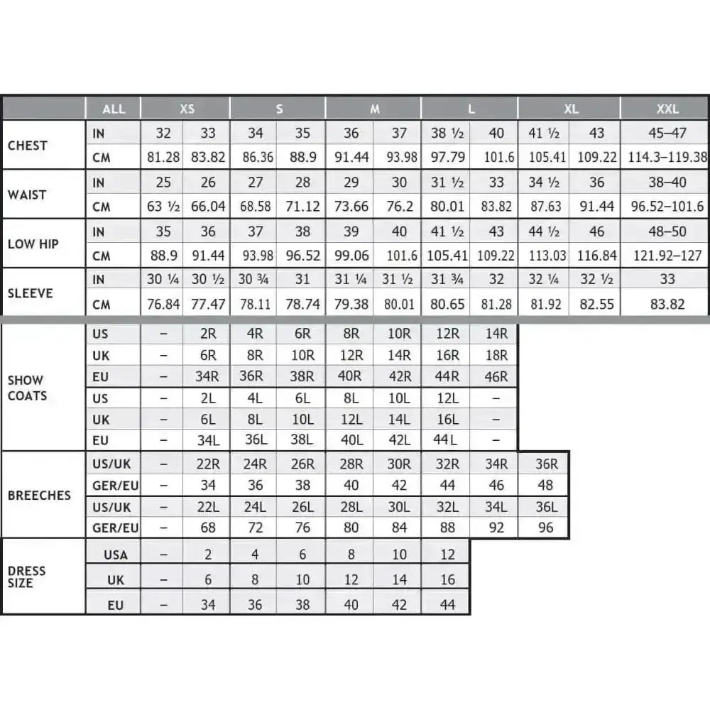 Size conversion chart for ariat womans new team softshell jackets featuring fierce colourblock styling in inches and cm