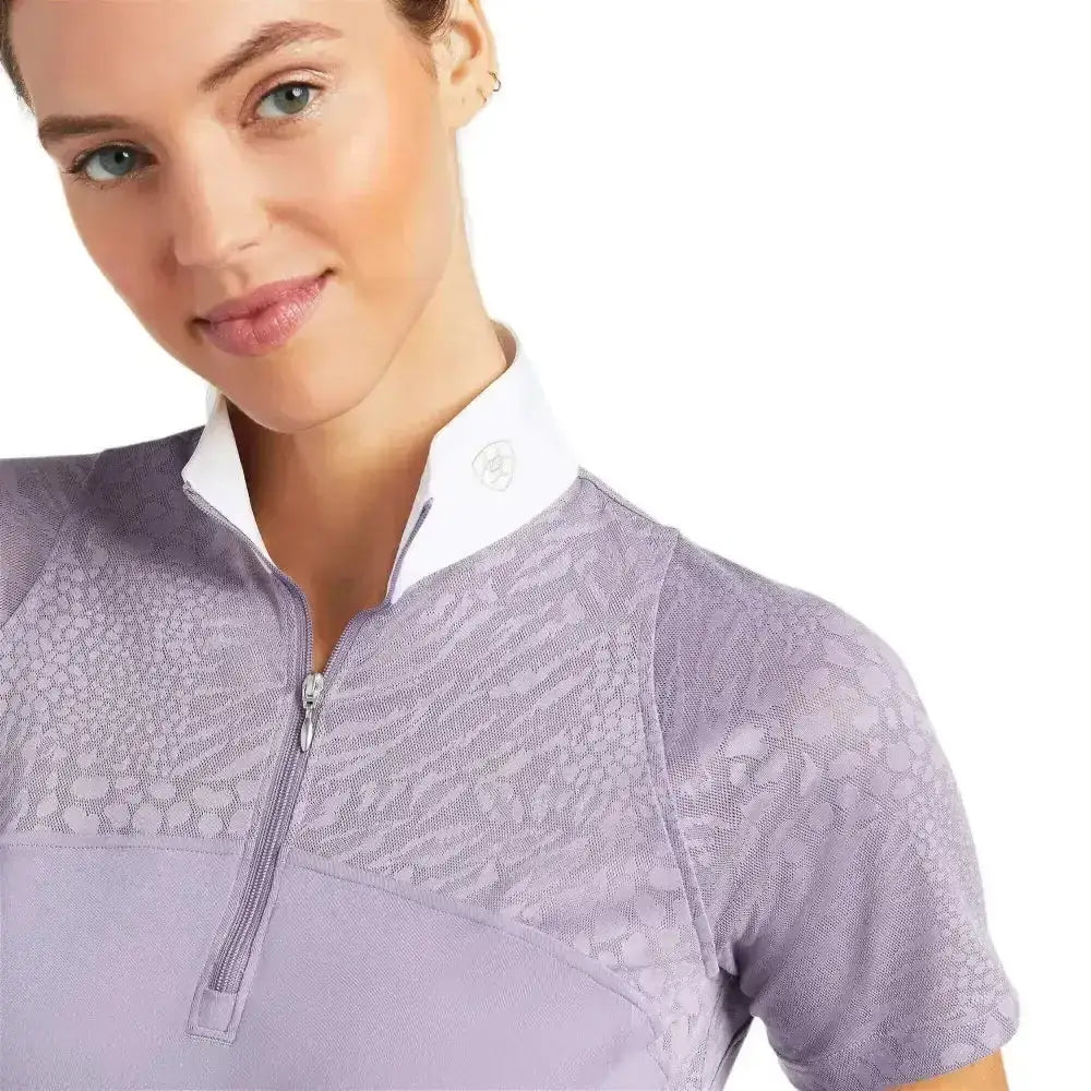 Lavender lace-patterned ariat womens airway zip short sleeve polo shirt with white collar and silver zipper