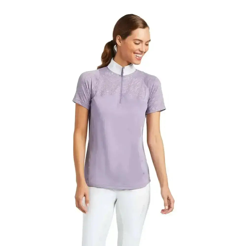Lavender ariat womens airway zip short sleeved show shirt with white collar and subtle pattern detailing