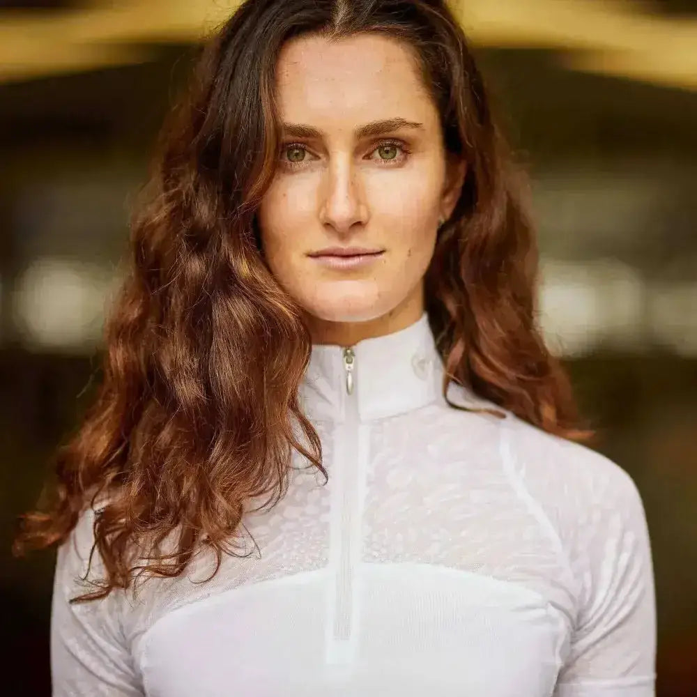 White high neck ariat womens airway zip short sleeved show shirt with sheer lace detailing and front zipper