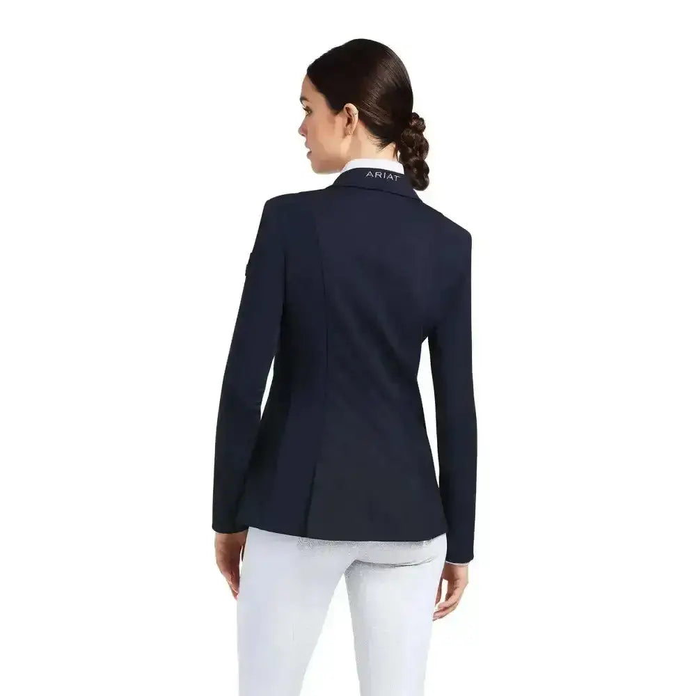 Navy blue ariat womens galatea show jacket with white collar and subtle brand embroidery perfect for riding