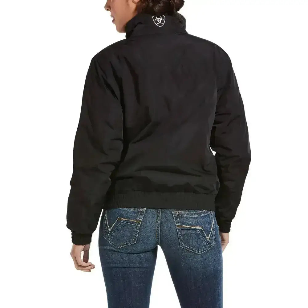 Black ariat womens stable jacket with high collar and subtle logo perfect yard coat and wind resistant jacket