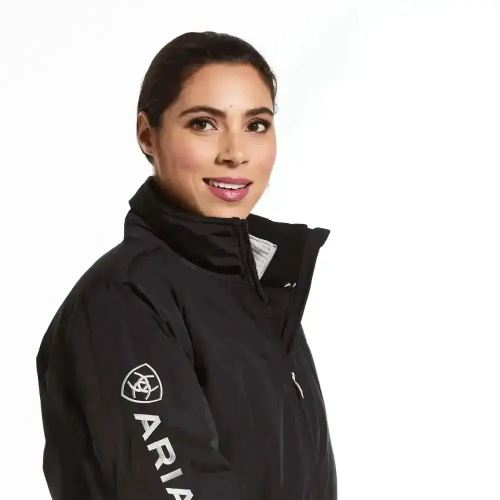 Black ariat womens stable jacket with white logo on sleeve perfect yard coat and wind resistant jacket
