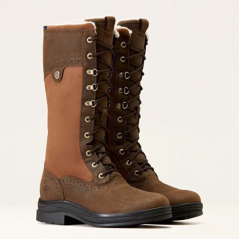Brown and tan suede lace-up ariat wythburn waterproof insulated riding boots with black rubber sole and 4lr technology