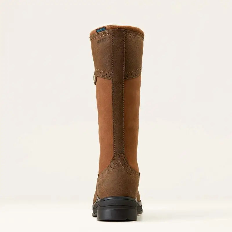 Brown leather ariat wythburn riding boot with tan suede panel decorative stitching and 4lr technology waterproof insulated design