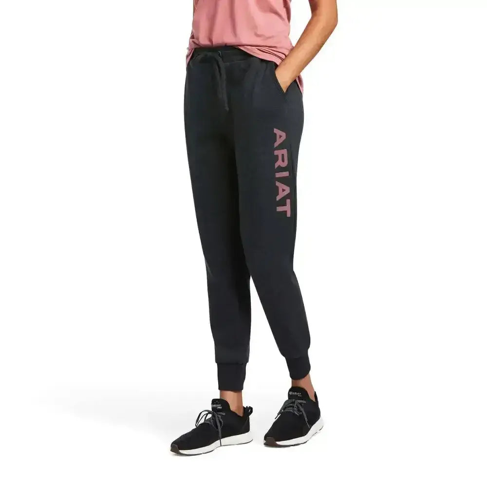 Black ariat jogger sweat pants with pink vertical branding on the leg real ariat jogger for women