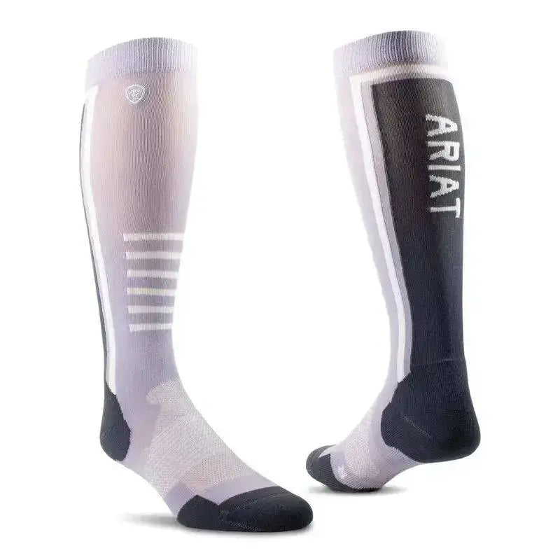 A pair of ariattek slimline performance riding socks in gray and black with white stripes made for athletic use
