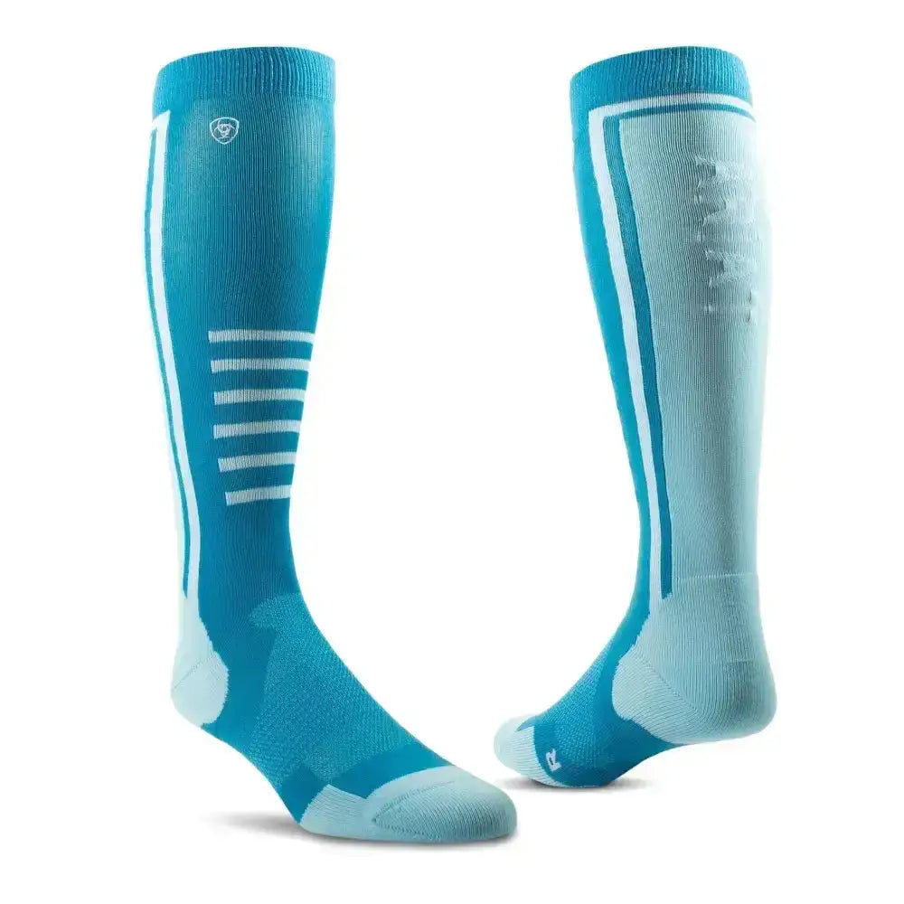 A pair of teal and light blue ariattek slimline performance riding socks with white stripes and a subtle textured pattern