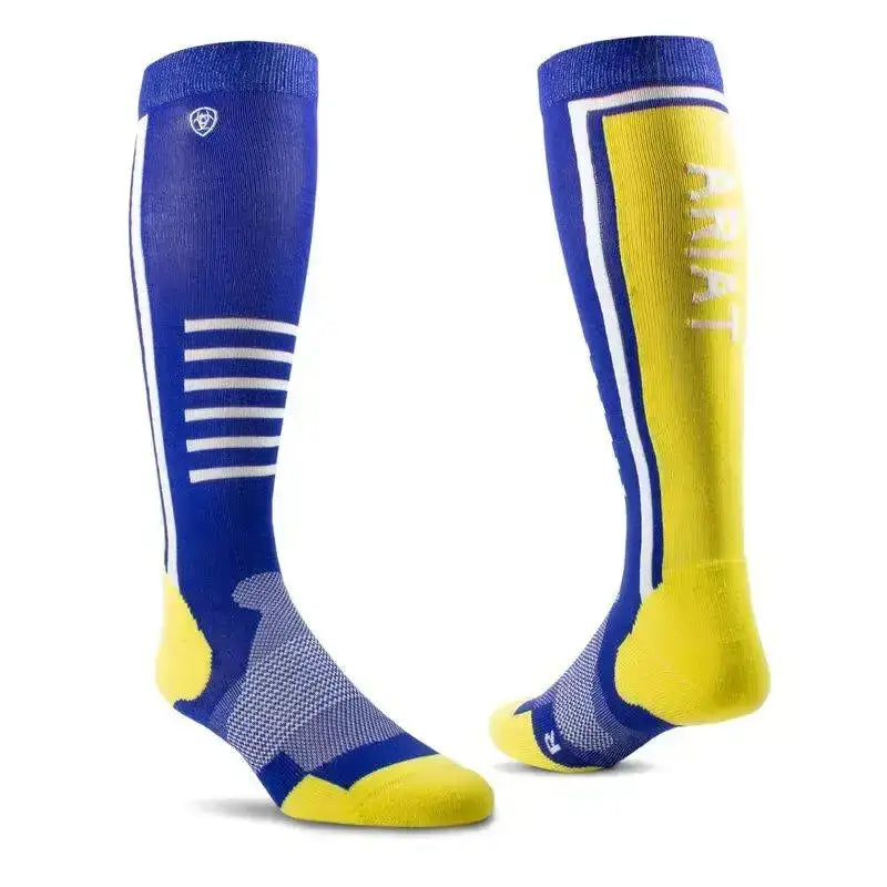 Blue and yellow ariattek slimline performance riding socks with white stripes and textured foot pattern