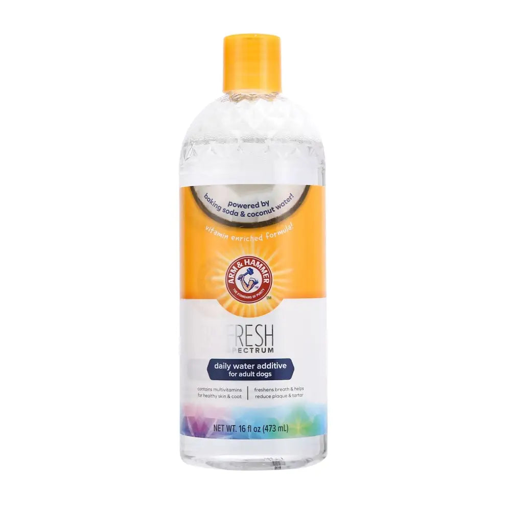 Clear plastic bottle with yellow cap and arm & hammer fresh coconut water additive for dogs with coconut oil formula