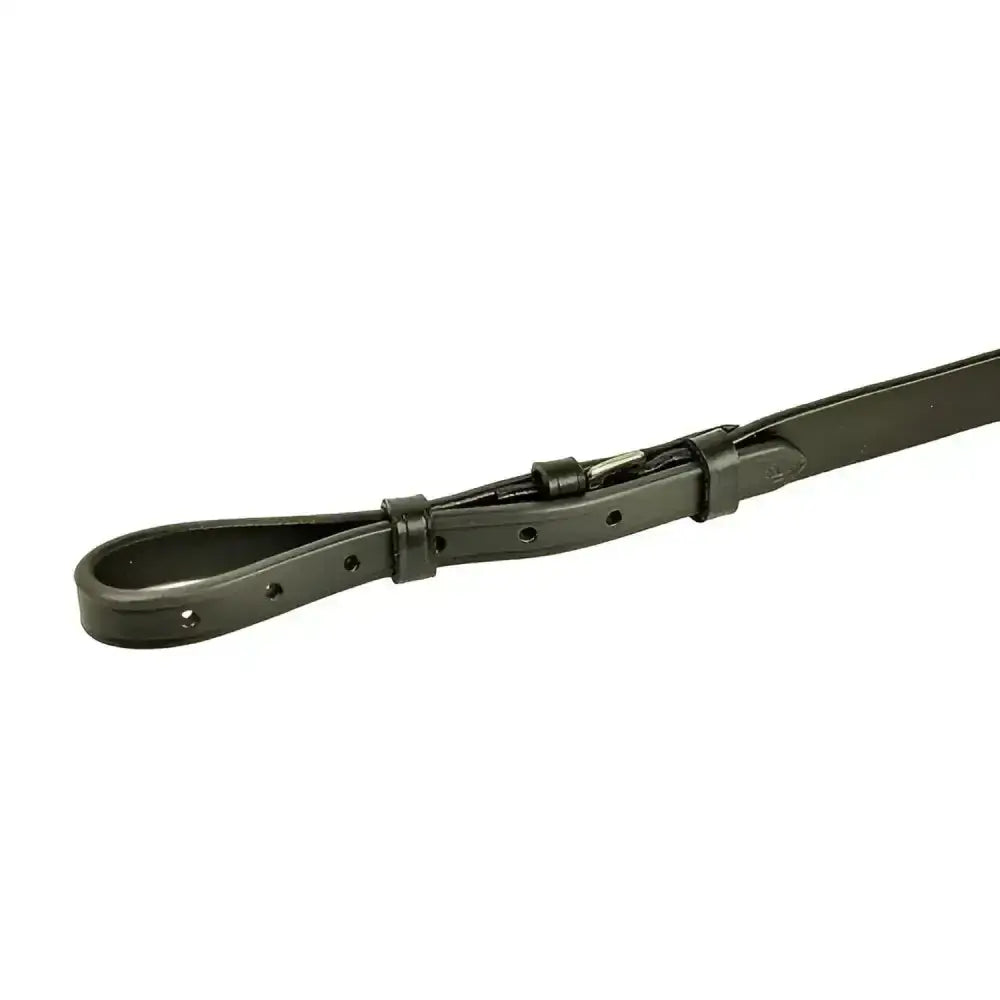 Black leather standing martingale attachment strap with metal buckle and adjustable holes for ascot leather standing use