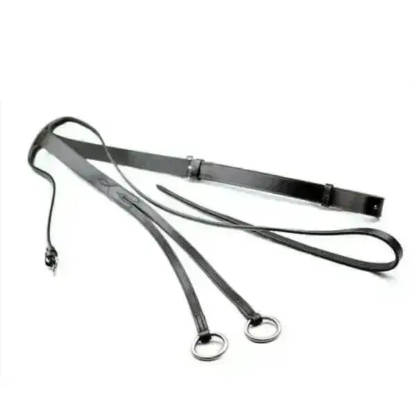 Black leather running martingale strap with ascot quality leather and stainless steel fittings silver rings and buckle