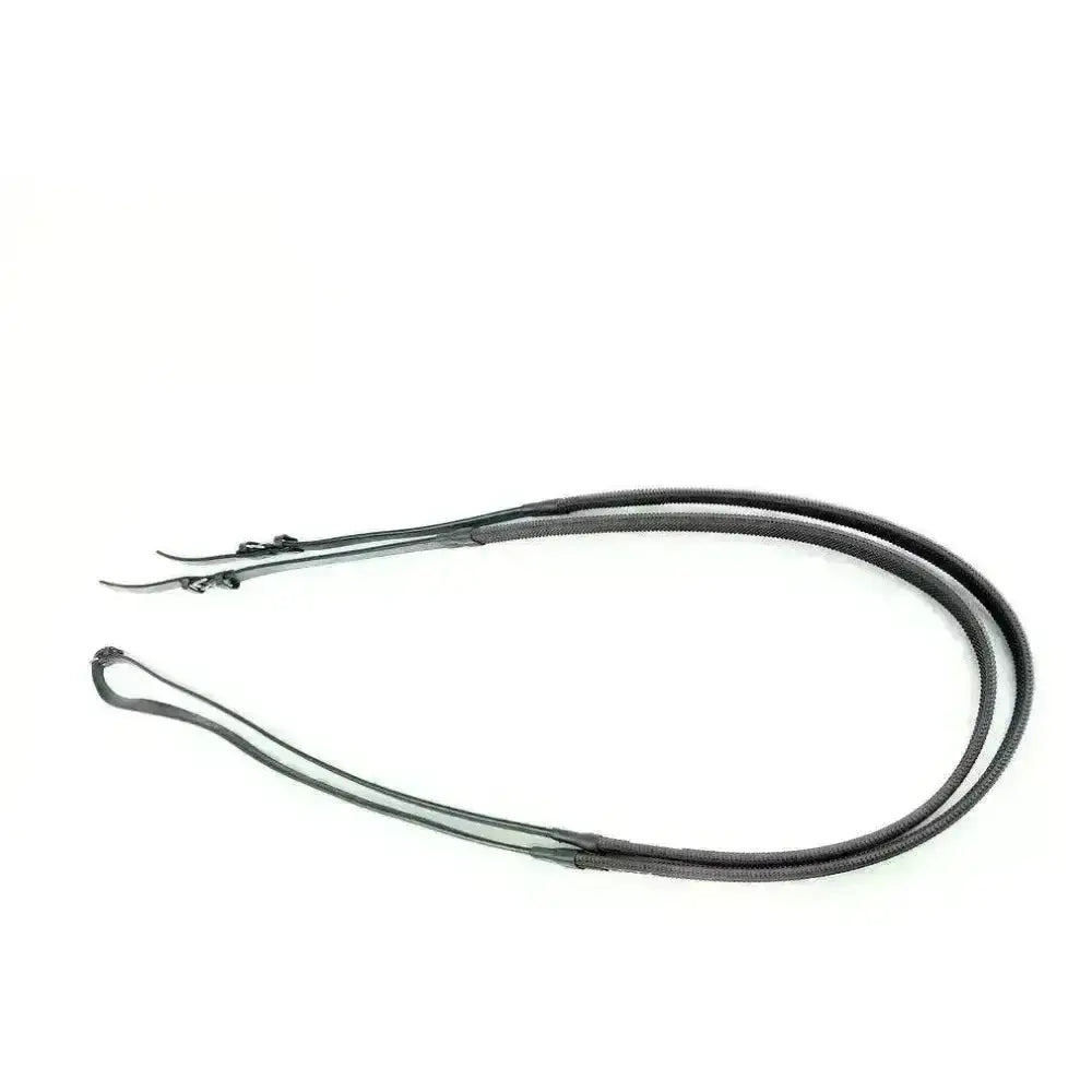 Black leather ascot race reins with stainless steel buckle and race rubber grip designed for national hunt riding