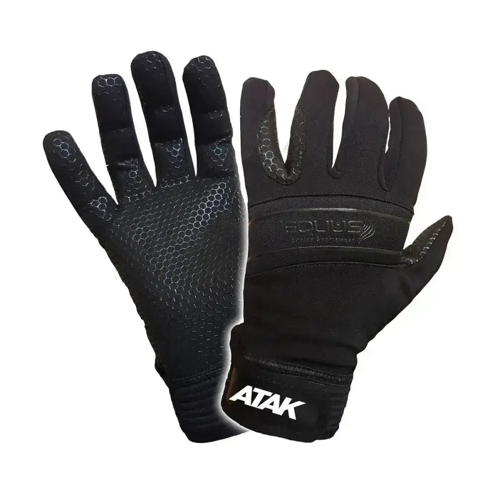 Black atak equus equestrian gloves with textured honeycomb grip on palms and fingers perfect for riding use