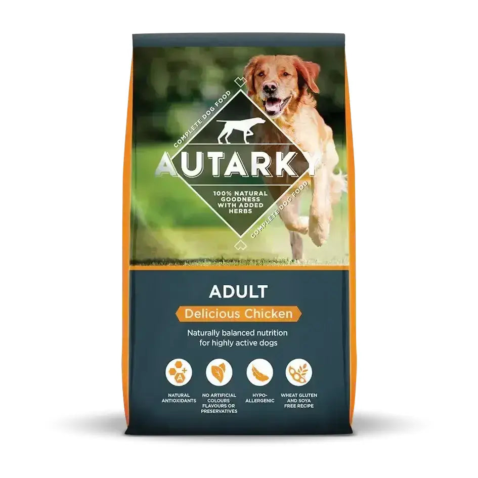 Autarky adult chicken dog food bag with golden retriever features delicious chicken flavor and natural ingredients