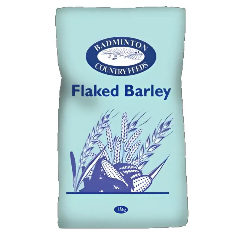 A light blue 15 kg bag of badminton flaked barley with a navy blue logo and wheat stalk illustration