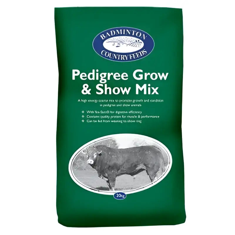 Green bag of badminton pedigree grow livestock feed showing pedigree grow and show mix for special order use