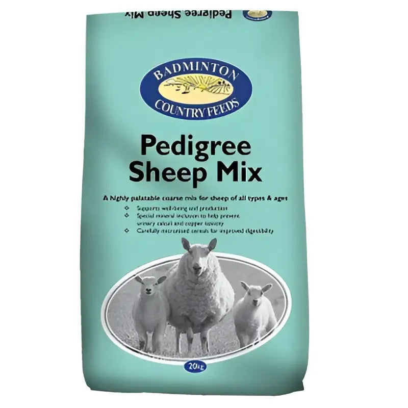 A teal bag of badminton pedigree sheep mix with a circular sheep image highly palatable for ram lambs