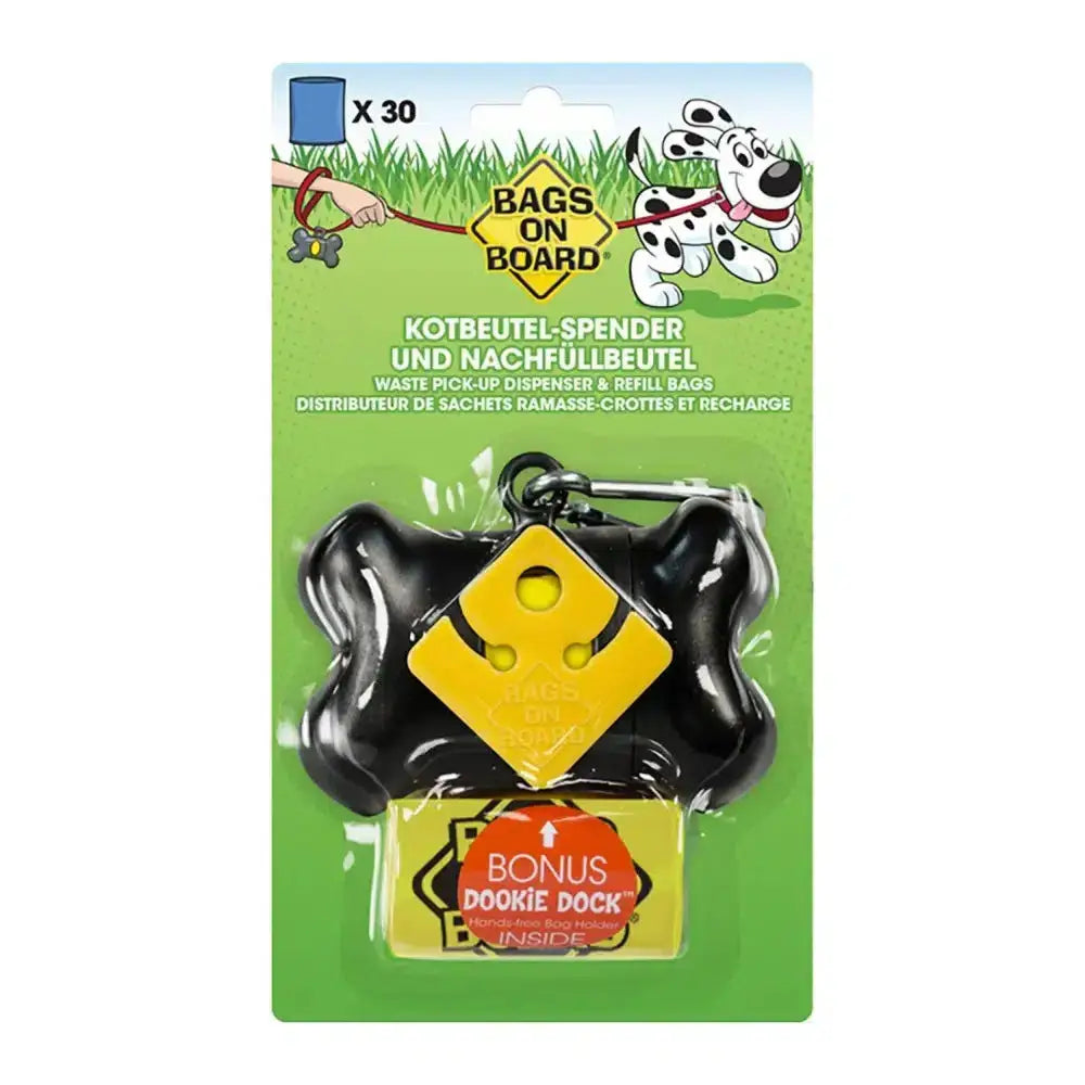 Black bone-shaped board bone dispenser with yellow warning sign and bonus dookie dock bag holder included