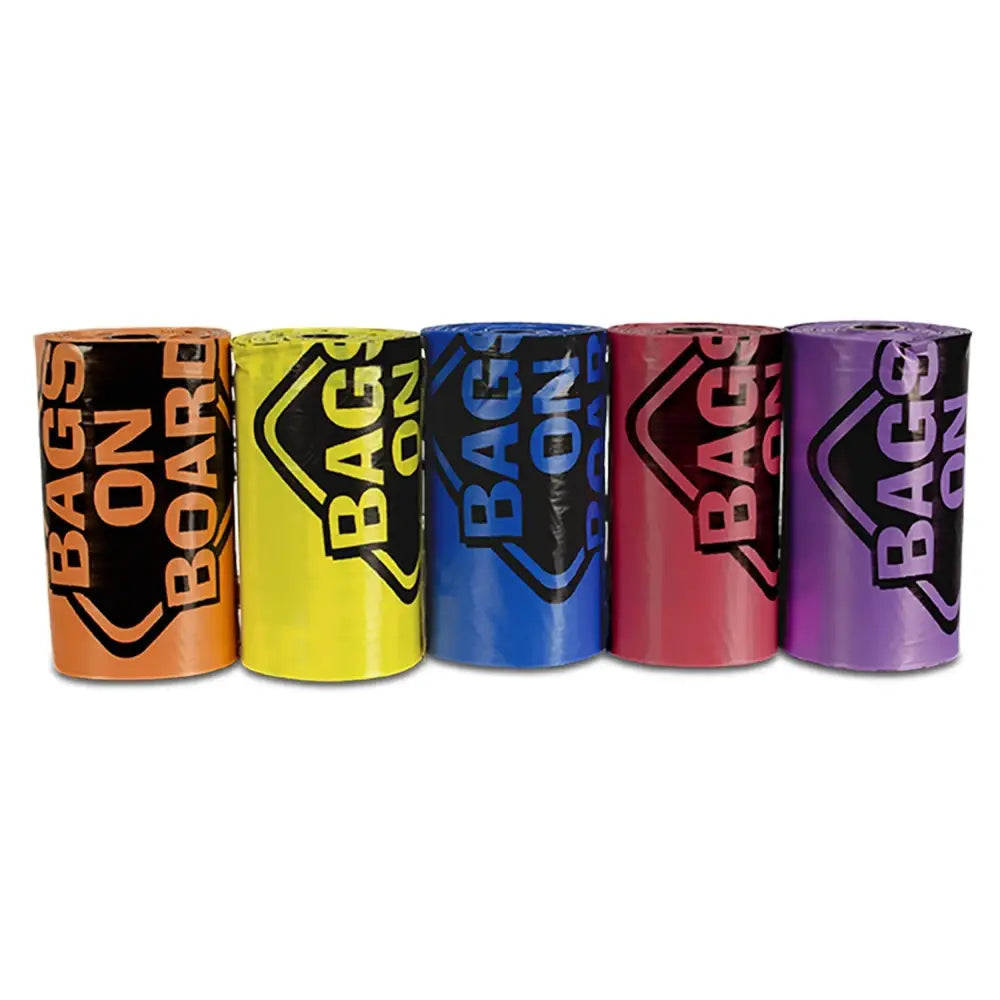 Five rolls of colorful bags on board hydrant poop bag counter display refill with bold logo on black background