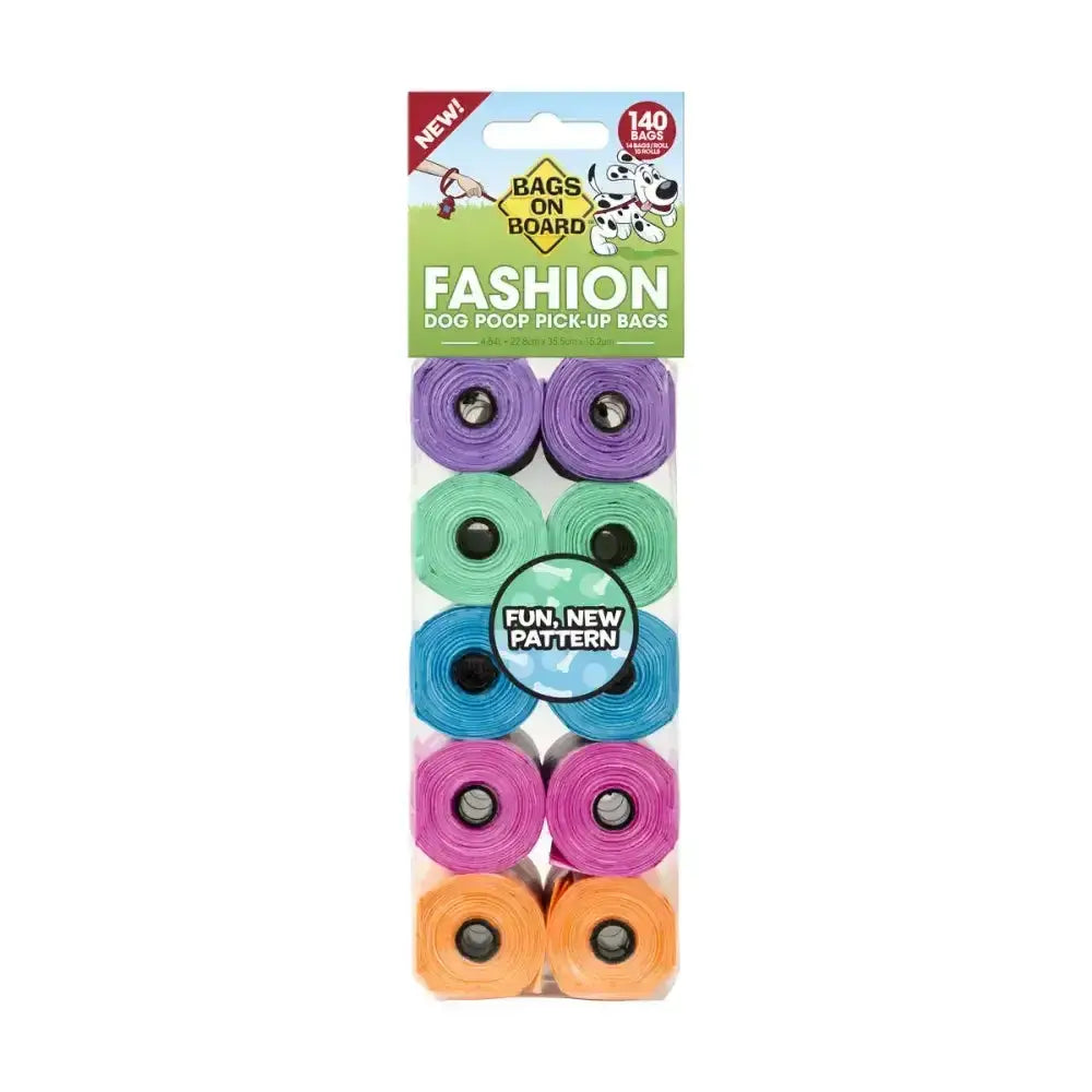 Pack of colorful patterned bags on board refill rolls pet waste bags for large dogs droppings in purple green blue pink and orange