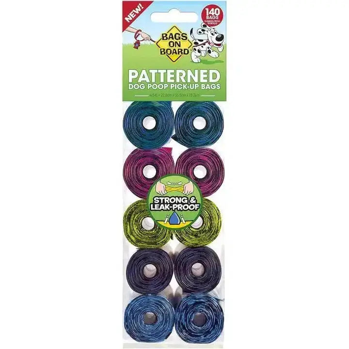 Bags on board refill rolls of patterned pet waste bags in vibrant colors for cleaning large dogs droppings easily
