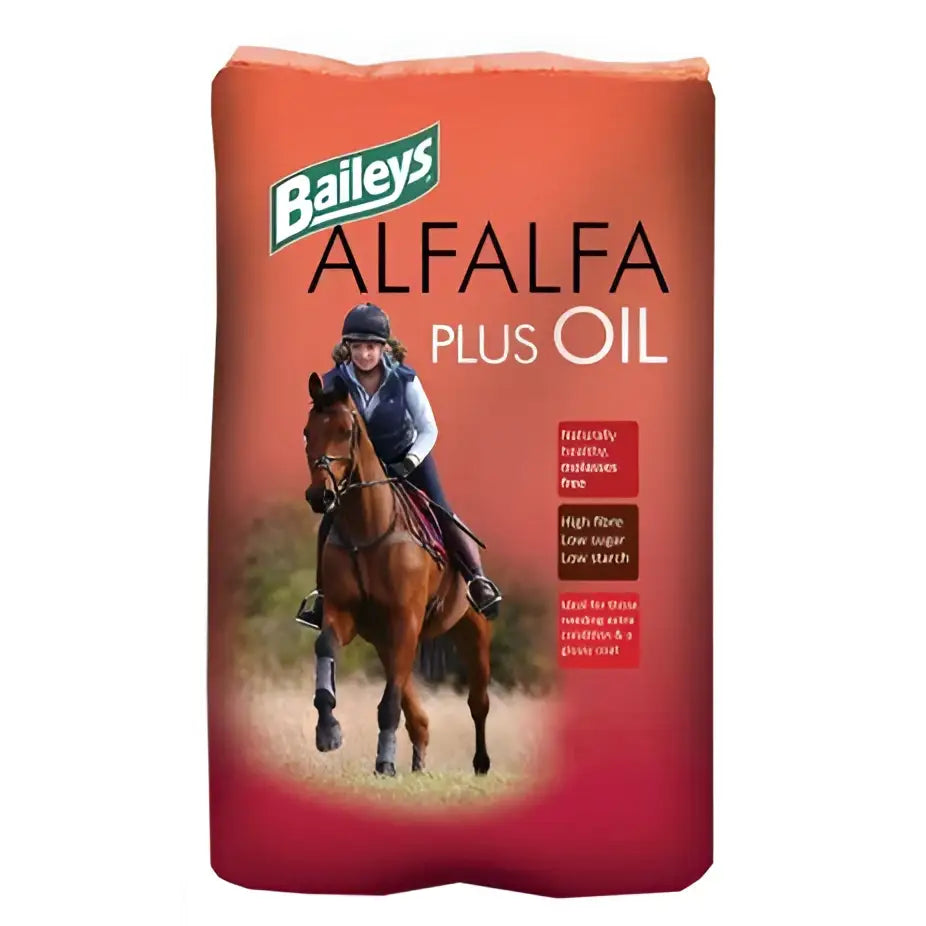 Baileys alfalfa plus oil 20 kg feed bag in red and orange with a horseback rider featuring soya oil blend
