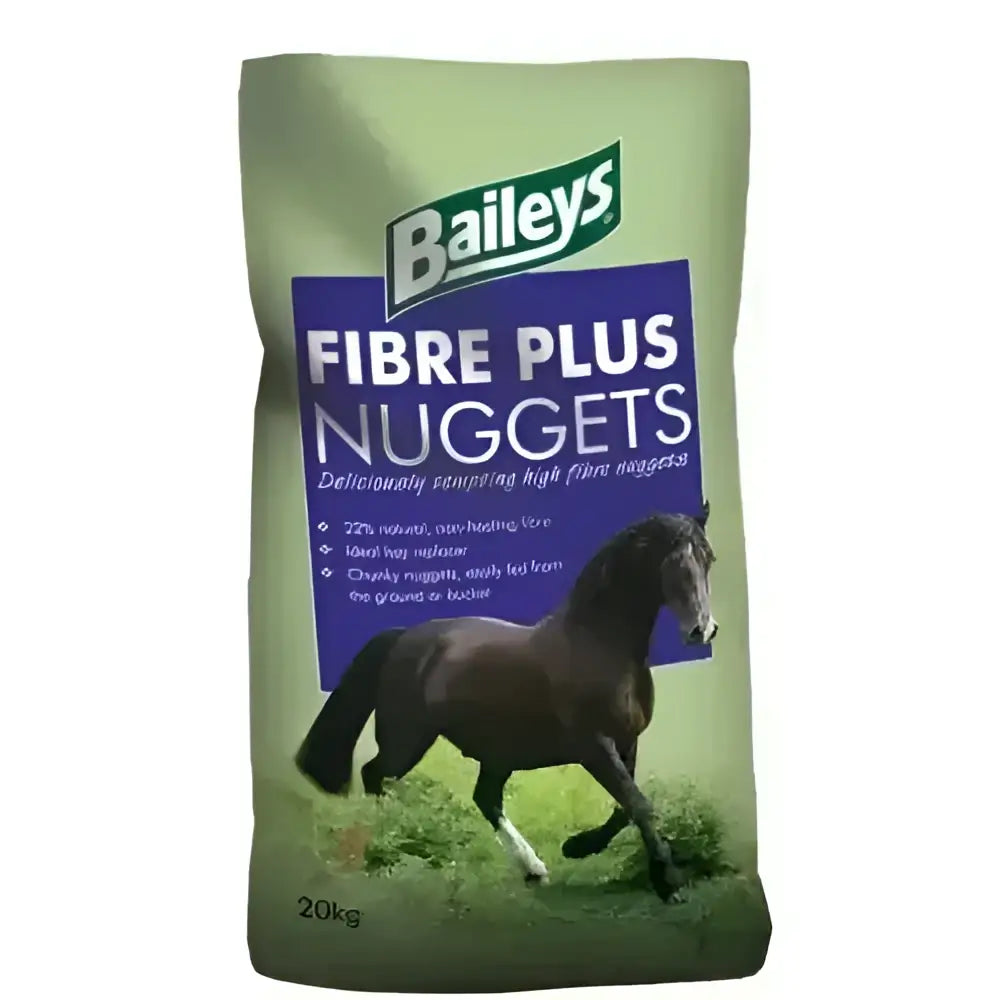 Baileys fibre plus nuggets horse feed 20kg bag dark brown fibre-based slow release feed with black horse on label
