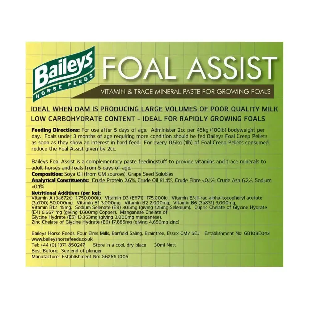 Baileys foal assist syringe with green and white label providing micronutrient support in a vitamin paste for foals