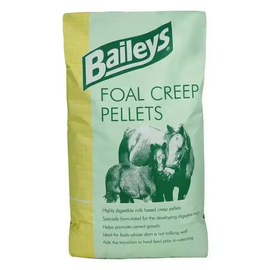Baileys foal creep pellets in a green and yellow bag with mare and foal illustration for creep pellets horse feed