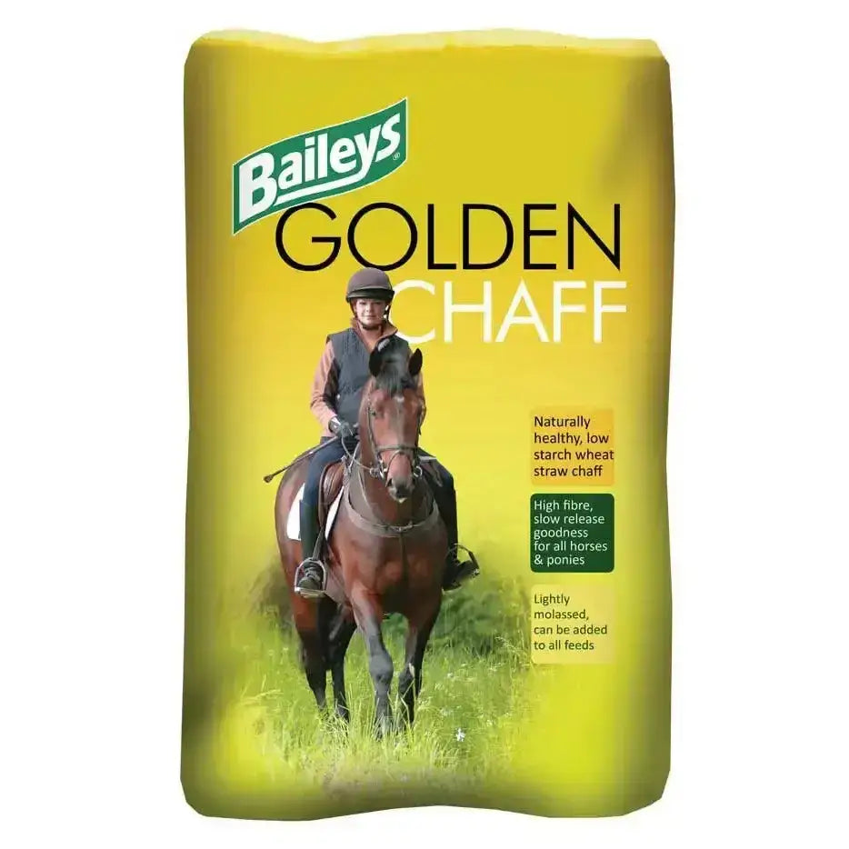 Bright yellow bag of baileys golden chaff low starch natural wheat straw chaff for horses limited hard feed option